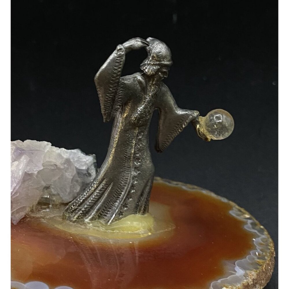 Pewter Wizard Mounted on a Sliced Geode Agate Figurine Crystal Ball - Picture 7 of 12